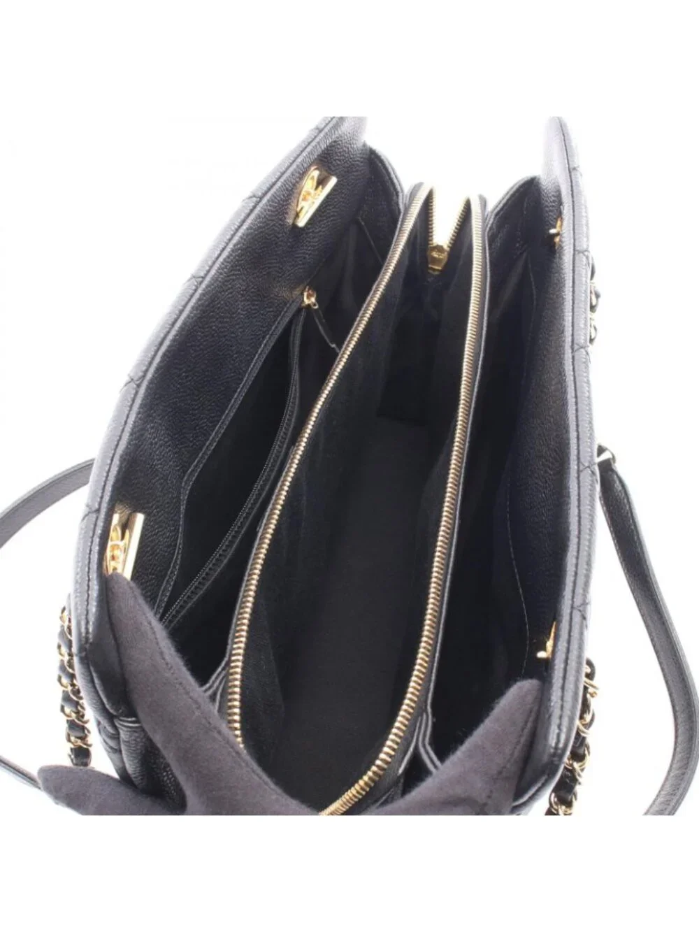 Chanel Tote Quilted Black Caviar Leather CC Logo Chain